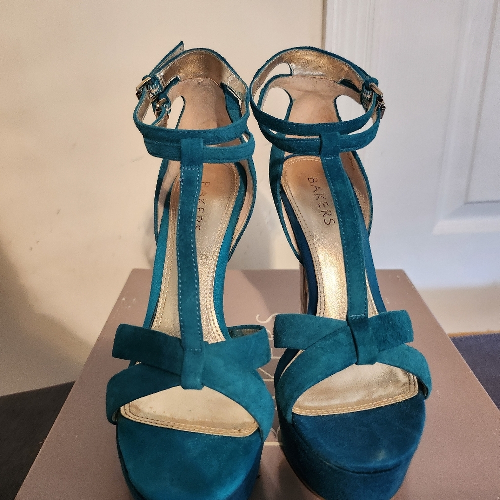 Teal Suede High Heel Sandal with Gold Heel